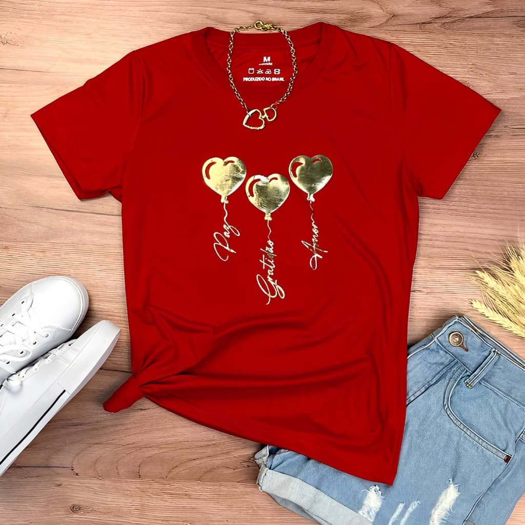 Camiseta Coração Paz Gratidão Amor Moda Evangélica Cristã Gospel T-shirt Feminina Baby Look Algodão