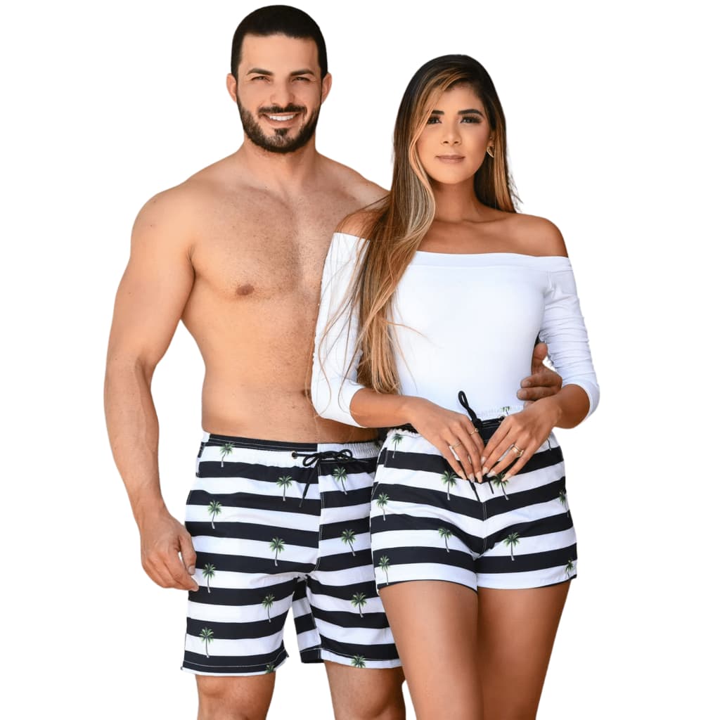 Kit Casal Mozão Short Tactel Com Elastano Moda Praia Combinadinho Namorados