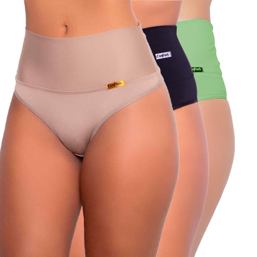 Kit 3 Calcinha Cinta Fio Dental Cintura Alta Suplex Segura Barriga Compressão Confortável Resistente