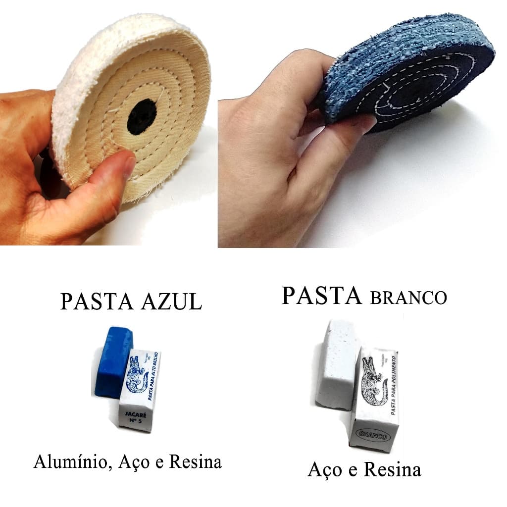 Massa Pedra Polimento Inox Aluminio Azul Branca + Roda Polir para moto carro motor caixa guidao tampa
