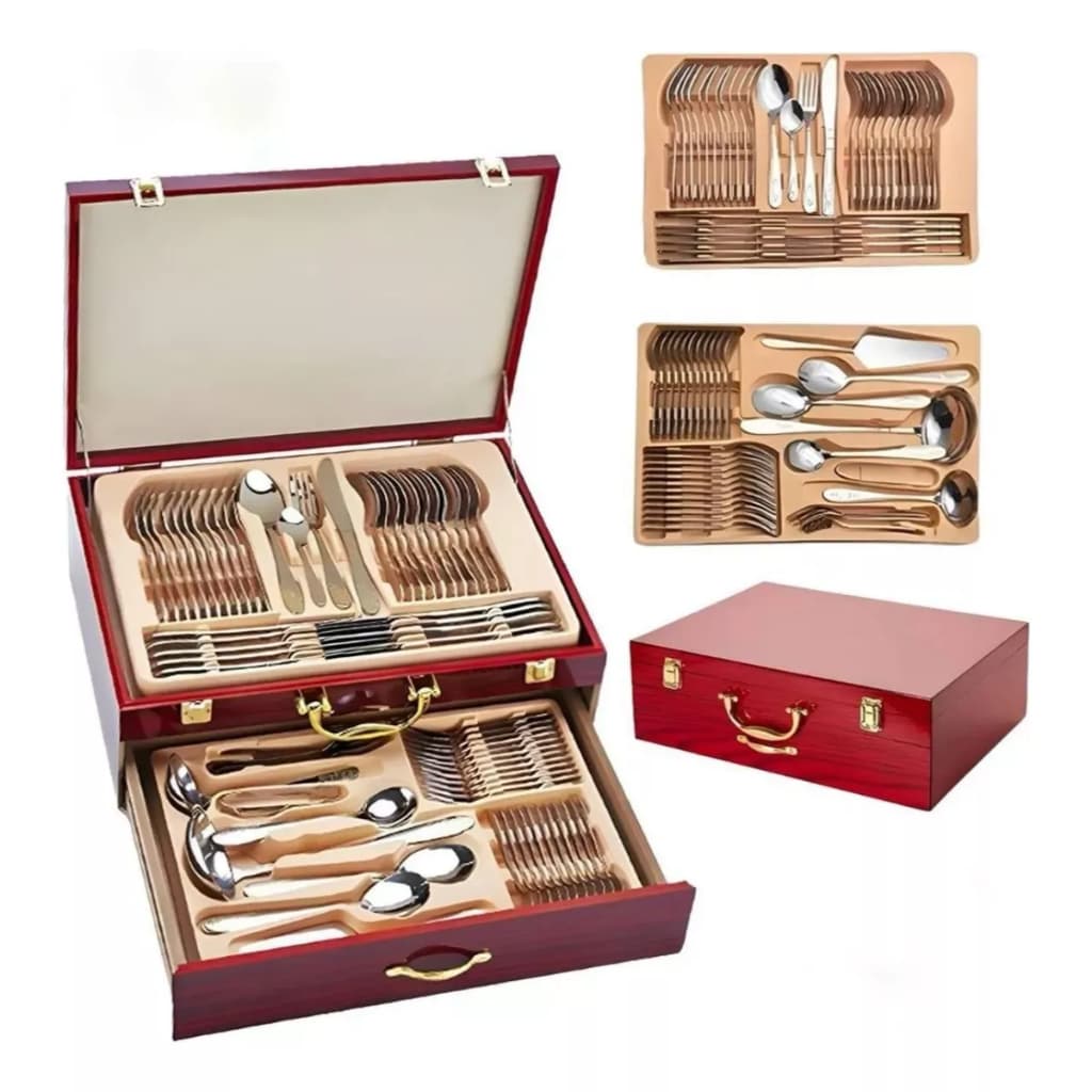 Faqueiro Inox 84 Peças Talheres Banhado Ouro ou Prateado Maleta Madeira Luxuoso