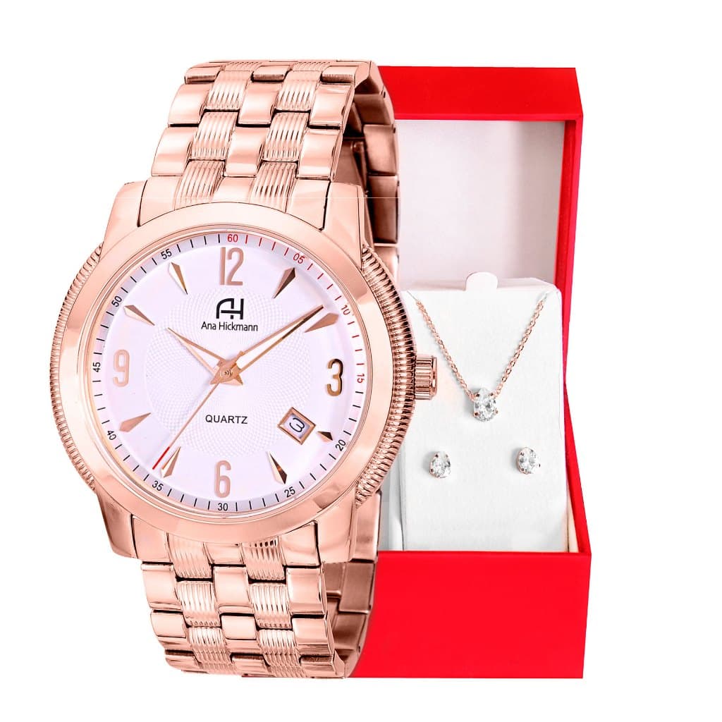 Relógio Champion Ana Hickmann Feminino Analógico Rosé + Kit Colar e Brincos Prova d'Água AH28697Z
