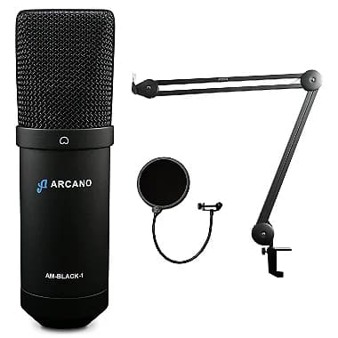 Microfone USB Arcano AM-BLACK-1 + Pop filter AM-POP + Pedestal articulado IRON ARM-1