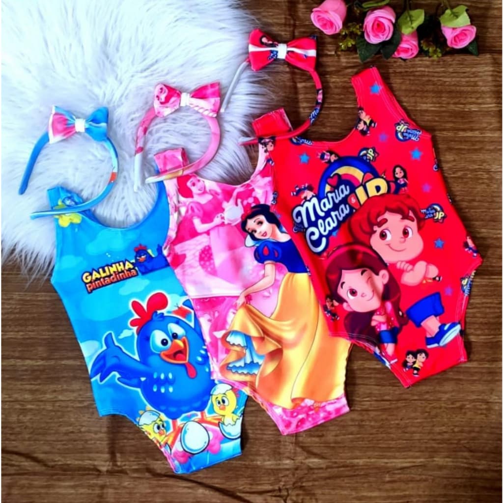 KIT 5 bory infantil menina Maiô praia estampado estampas de personagens  revenda