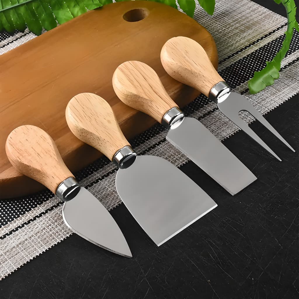 Kit Facas Espátula Inox 4 Peças para Queijo, Frios e Petiscos Cabo Madeira Utensílio Gourmet Cozinha Corte e Servir Mesa