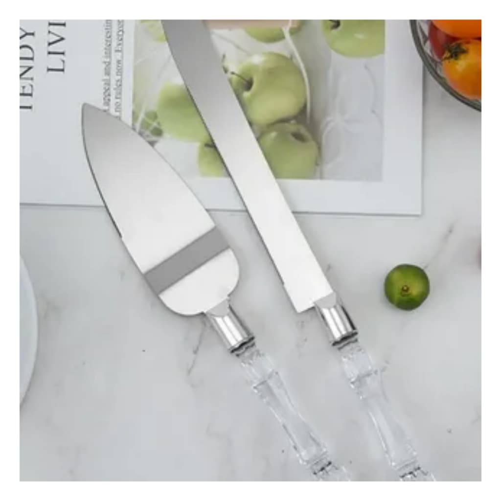 Kit Espátula E Faca Bolo Tortas Pães Cozinha Aço Inox Cabo Acrílico