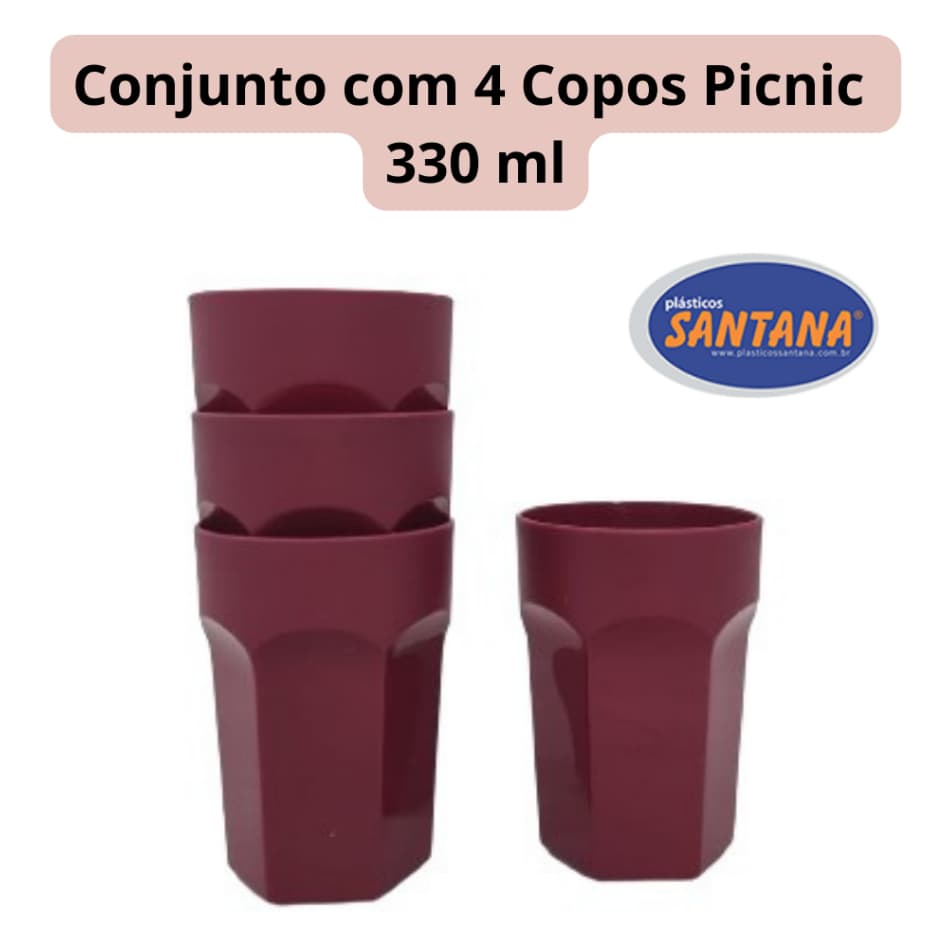 Conjunto Com 4 Copos Picnic BPA Free Resistente 330 ml