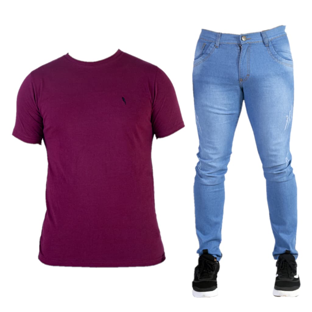 Calça Jeans Masculina Slim Elastano + Camiseta Básica Masculina 100% algodão 30.1 penteado
