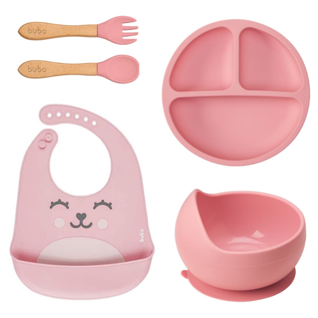 Kit Alimentação Silicone Buba  5pçs Babador Bowl Talher de Bambu  Bebe Introdução Azul Rosa Gumy