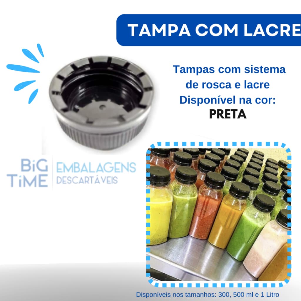 Garrafa Plástica PET 500ml Transparente c/ Tampa/Lacre cor Preta  - Para sucos, vitaminas, mel entre outras bebidas