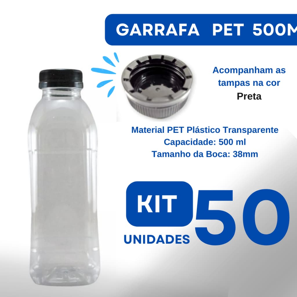 Garrafa Plástica PET 500ml c/50 Transparente c/Tampa/Lacre cor Preta - Para sucos, vitaminas, mel entre outras bebidas