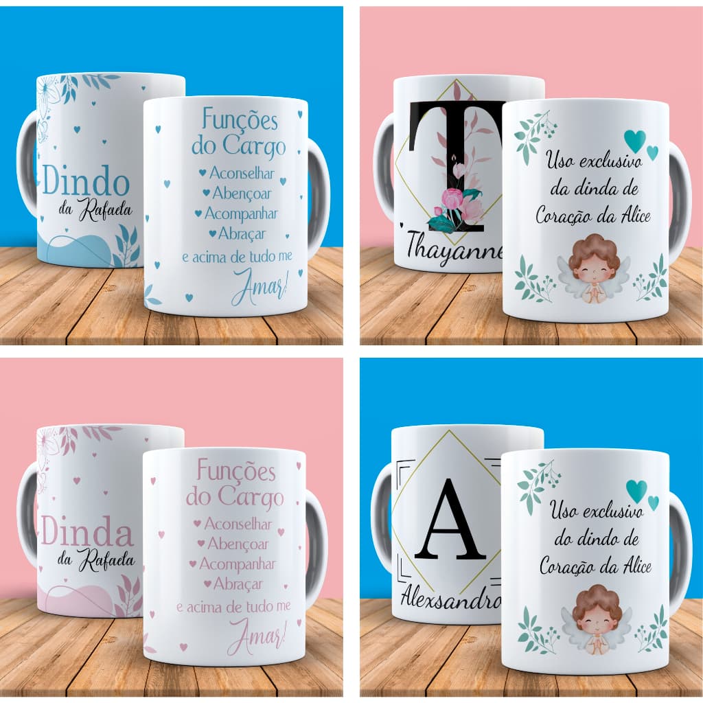 Caneca tema Dinda e Dindo perfeito para presentear seu padrinho e madrinha de bastismo, consagração, apresentação