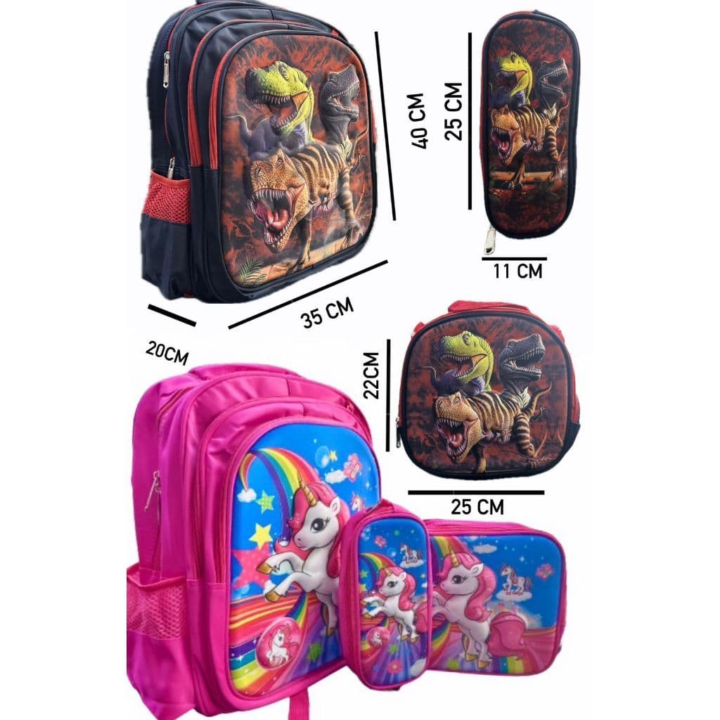 Kit 3 peças Mochila Infantil 3D Escolar Kit Com Lancheira Estojo Conjunto Menino e Menina Infantil 0368