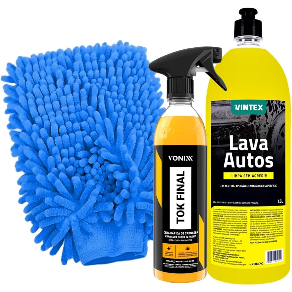 Kit Lavagem Automotiva Enceramento Cera Tok Final Vonixx Shampoo Automotivo Lava Autos 1,5L e Luva Microfibra Karbox
