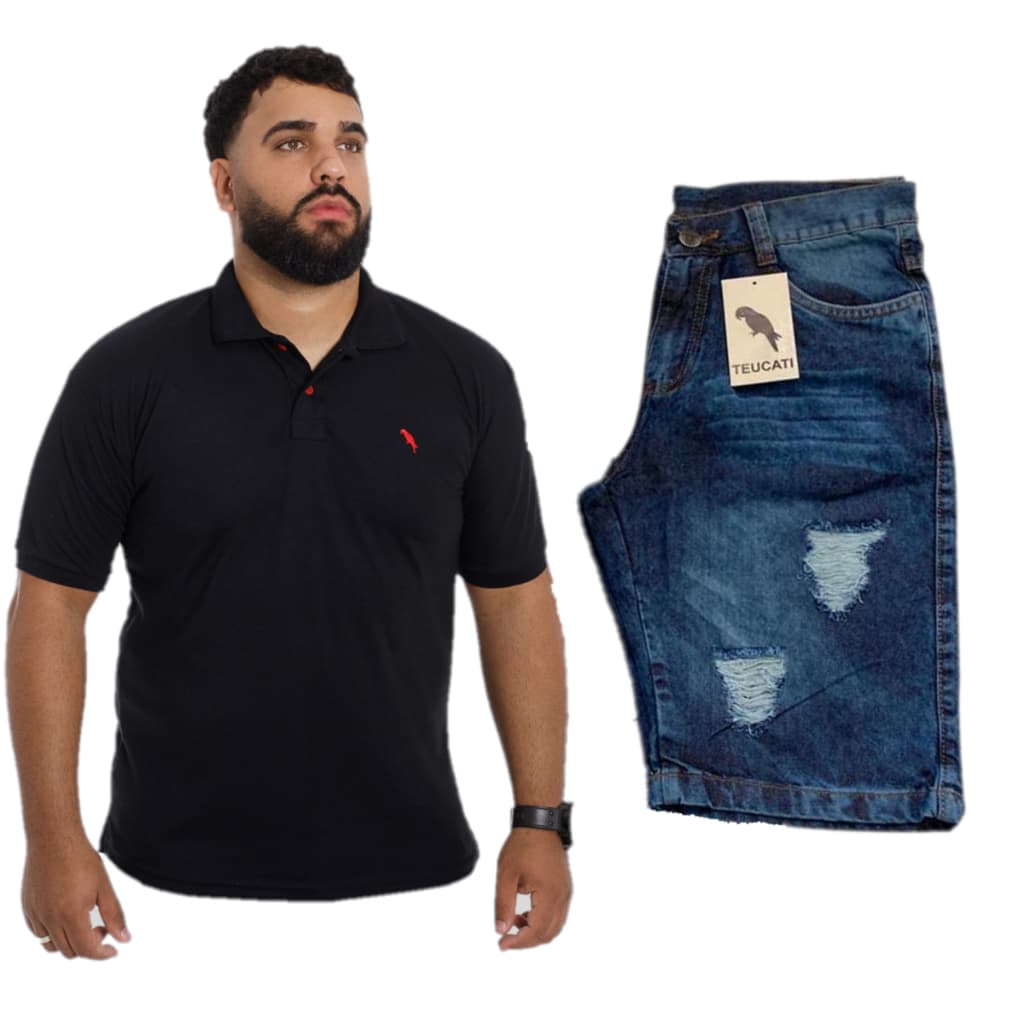 Kit 1 Bermuda Jeans Slim Masculino + 1 Camisa Gola Polo Bordada - TEUCATI