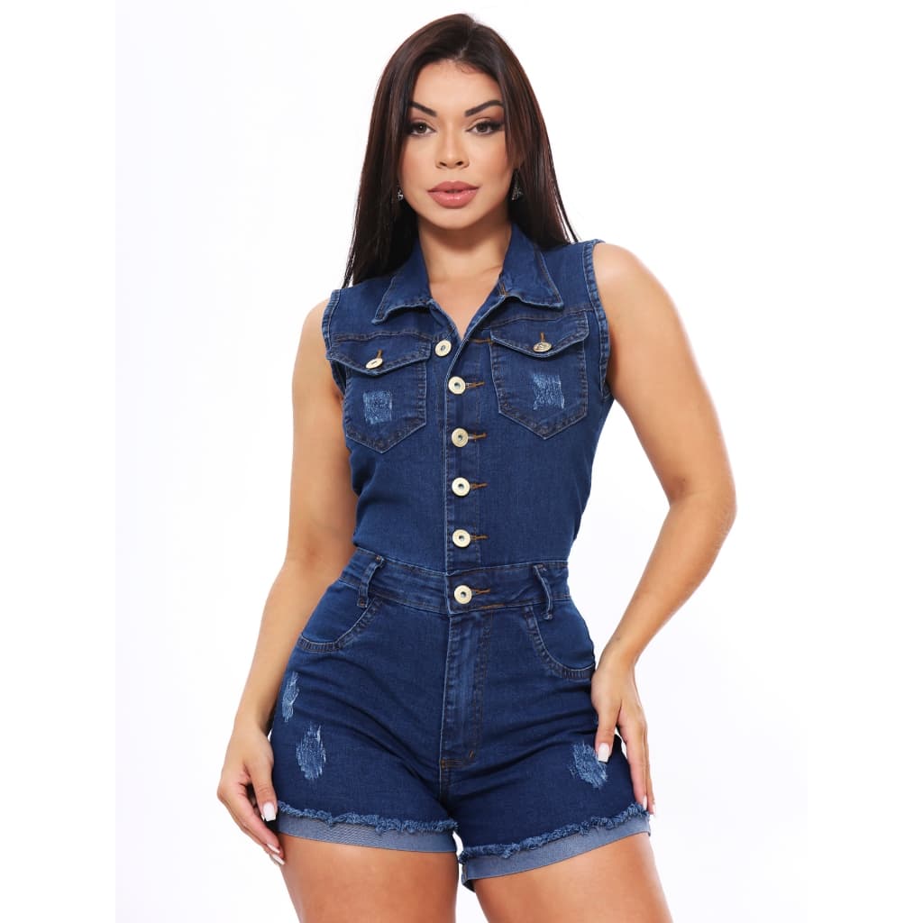 Macaquinho Jeans Feminino com Botões Macaquinho Jeans com Lycra
