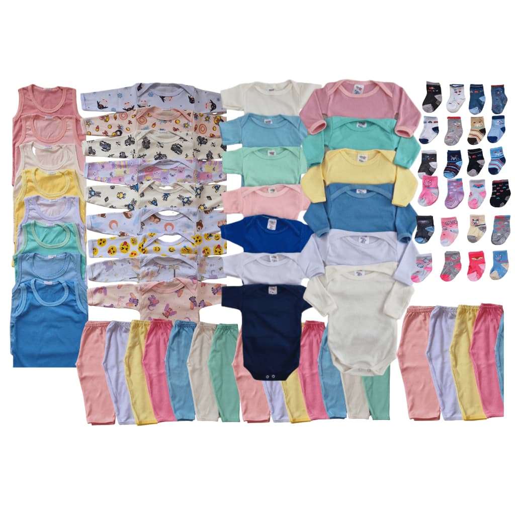 Kit 1 a 3 anos Sortido 18 Peças de Roupas Infantil – 4 bodys + 4 calças + 4 Camisetas + 6 Pares de Meias