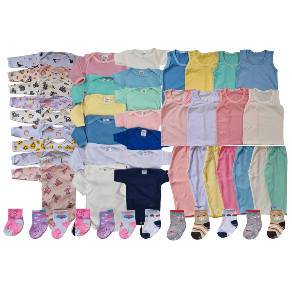 Kit 1 a 3 anos Sortido 15 Peças de Roupas Infantil – 3 bodys + 4 calças + 3 Camisetas + 6 Pares de Meias