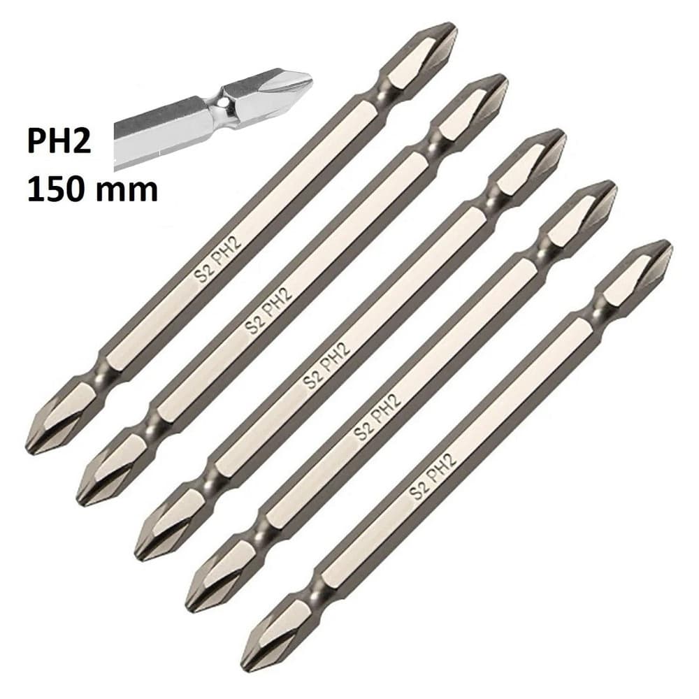 Bits Longo Phillips Para Parafusadeira PH2 150mm Imantado 5 Peças Dupla Torção