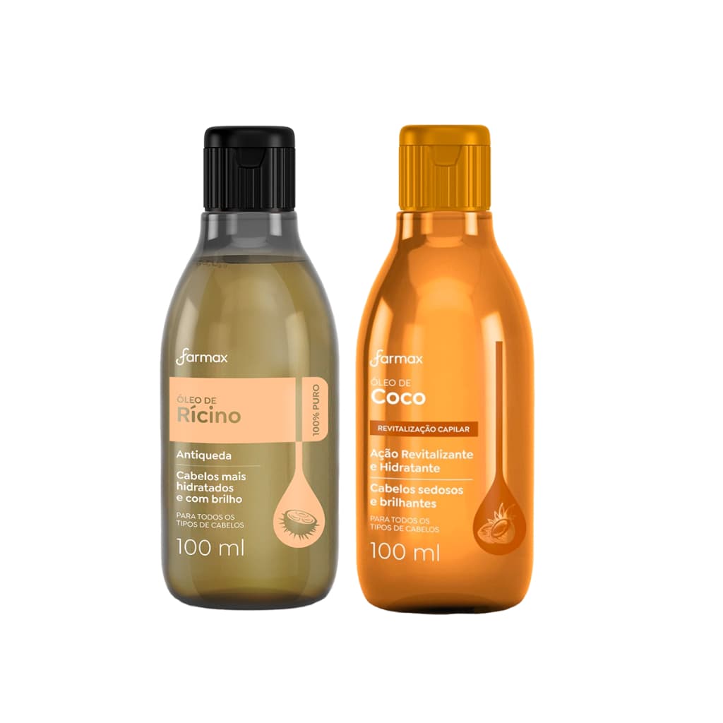 Kit 2un Farmax - 1un Óleo de Coco + 1un Óleo de Rícino - 100ml Cada - Hidratação e Fortalecimento