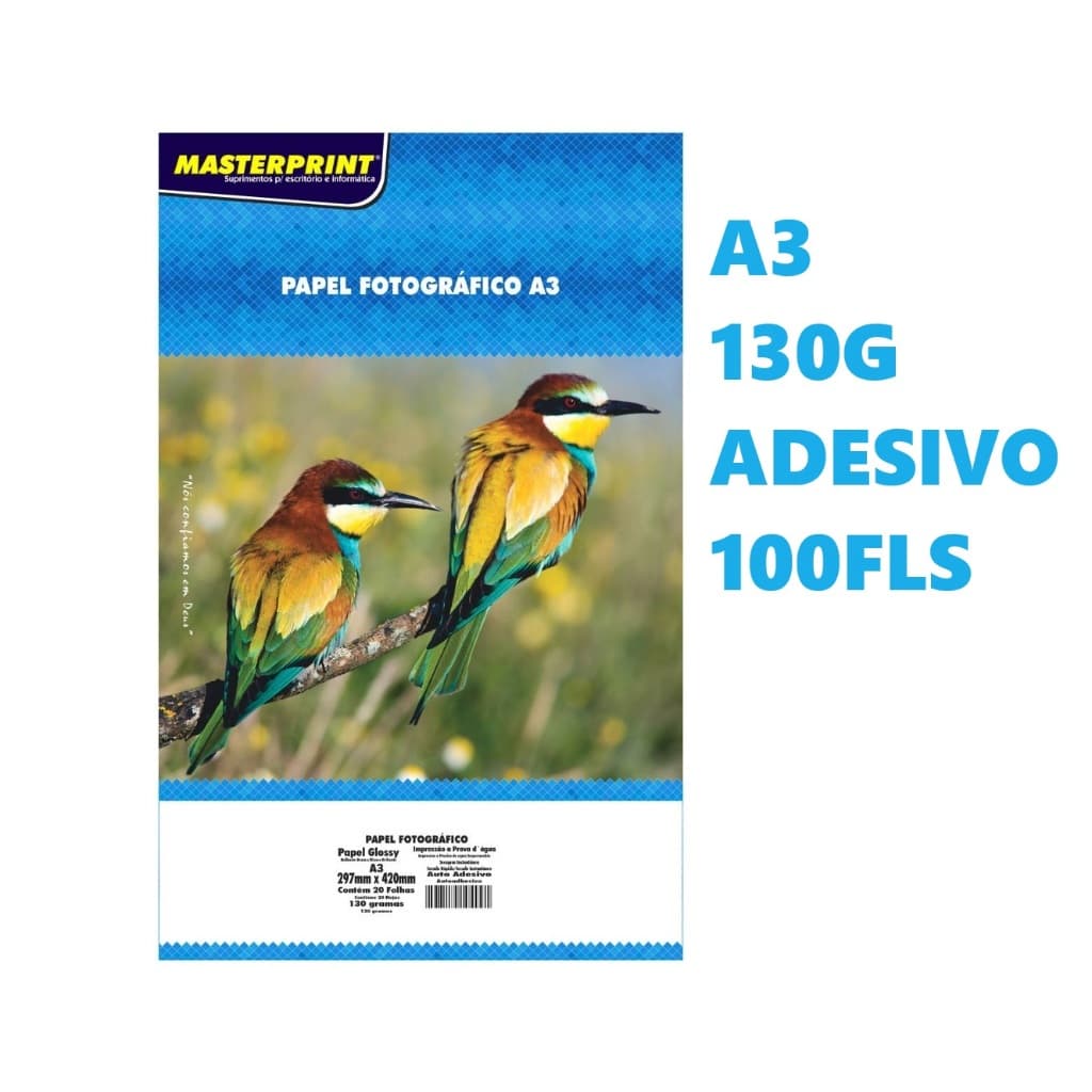 100 Papel Foto Glossy Auto Adesivo 130g A3 Á Prova D'Água Branco Masterprint