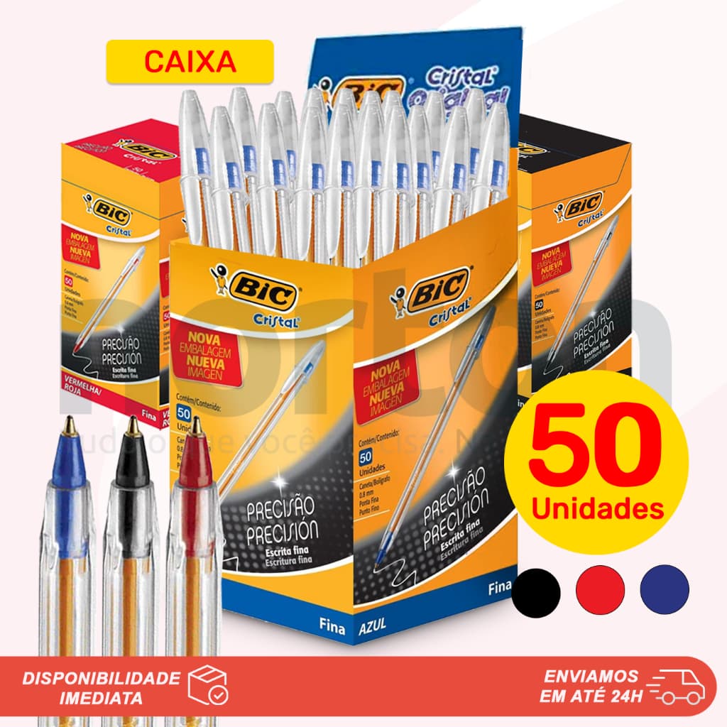 Caixa 50 Canetas Bic Cristal Esferográficas 0.8mm Ponta Fina Cor Azul, Preto ou Vermelho