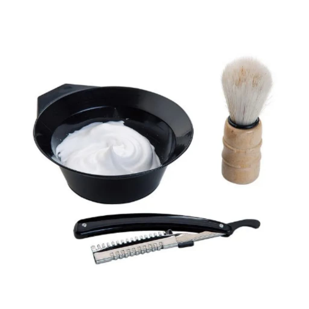 Kit Com 3 Peças Para Barbear Barba Homem Navalhete Pincel Tigela Cuidados Pessoais