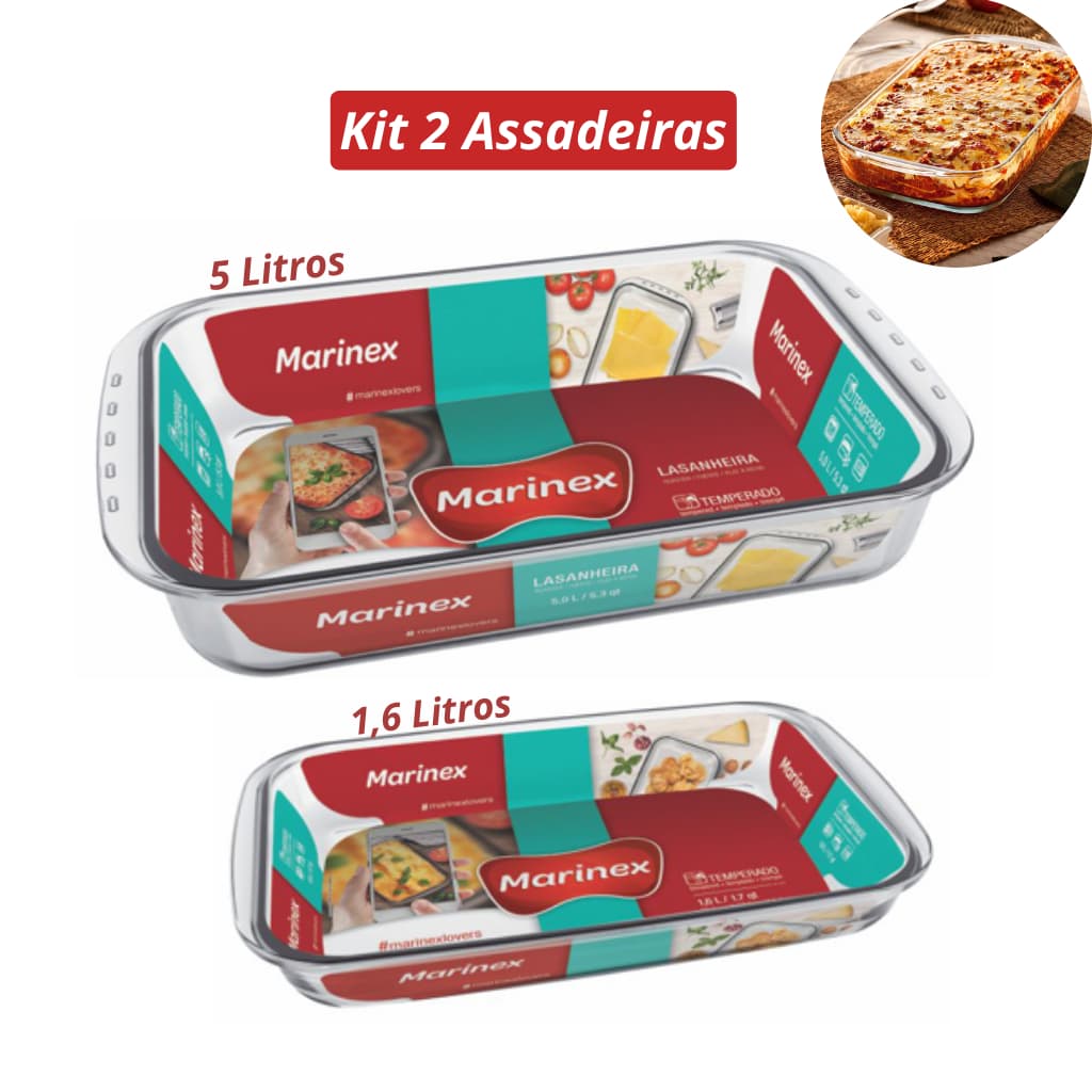 Kit 2 Travessas Assadeiras Marinex 5 Litros 1,6 Litros Lasanheira Travessa Refratário De Vidro