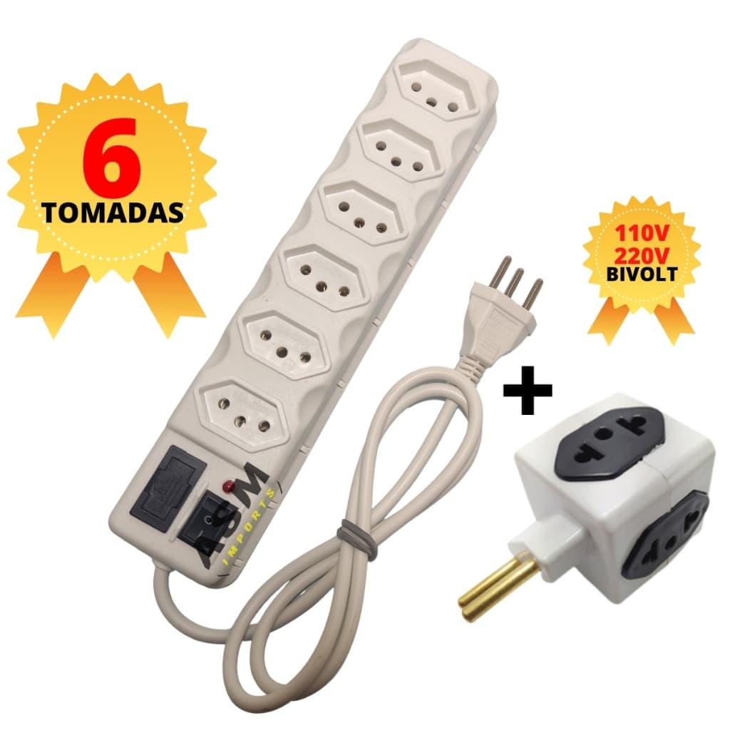 Filtro de Linha de 6 Tomadas Régua + adaptador em cubo 4 entradas Proteção P/ Tv Som Celular