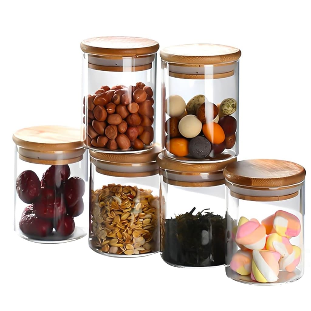 Kit 6 potes de vidro com tampa de bambu herméticos para mantimentos