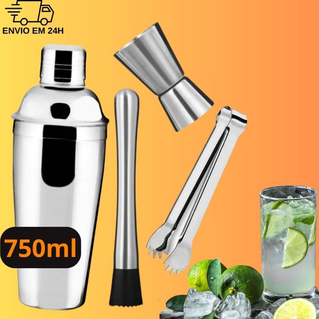 kit coqueteleira inox luxo grande 750ml dosador duplo socador e pegador de gelo para drinks caipirinha coqueteis cozinha bares barman restaurantes