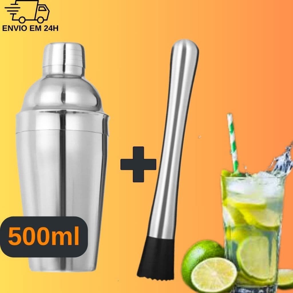 kit coqueteleira de inox luxo 500ml e socador  para caipirinha drinks bebidas cozinha bares restaurante barman