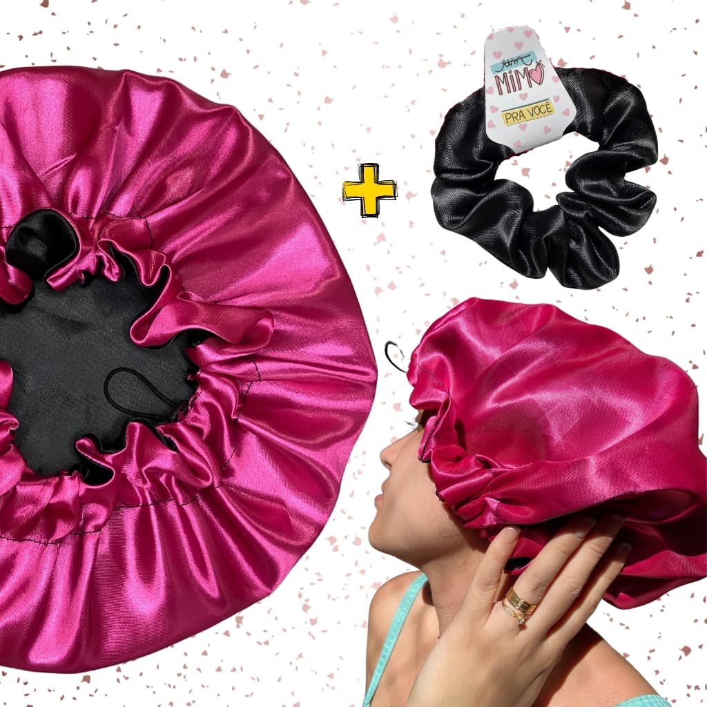 Touca de Cetim Toca Cetim XUXINHA Dupla Face Ajustável Regulável Luxo Premium + Scrunchie de Cetim
