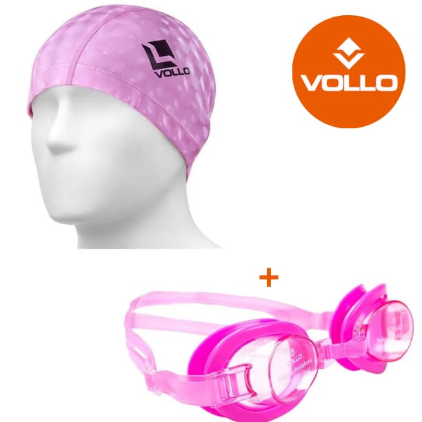 kit Óculos de Natação Infantil Classic Rosa + Touca 3D PU Rosa Vollo