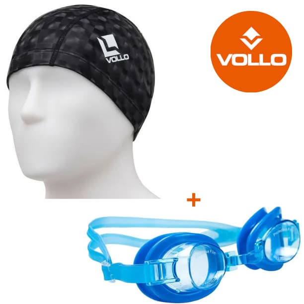 kit Óculos de Natação Infantil Classic Azul + Touca 3D PU Preta Vollo