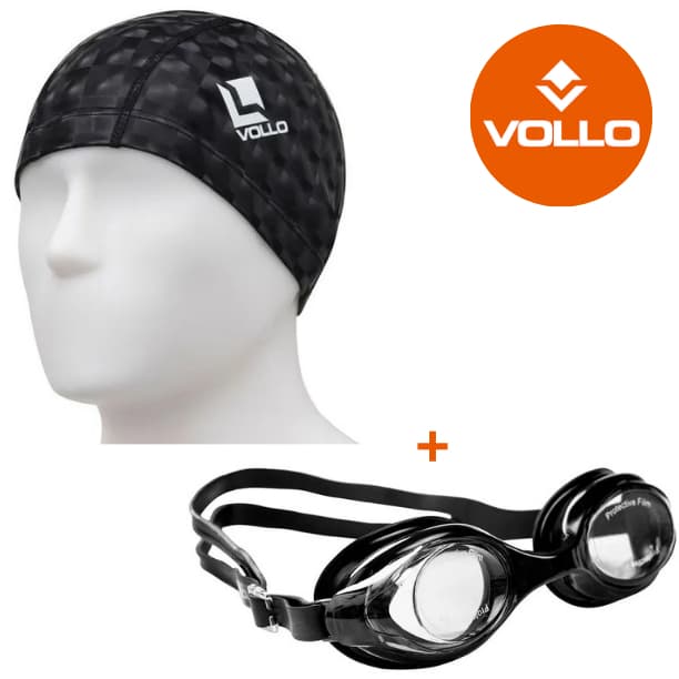 kit Óculos de Natação Essential Adulto + Touca 3D PU Preto Vollo