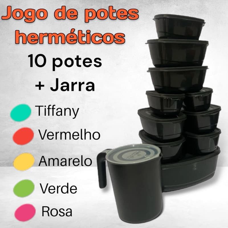 Kit 10 Potes hermético + Jarra de Plástico Para Cozinha