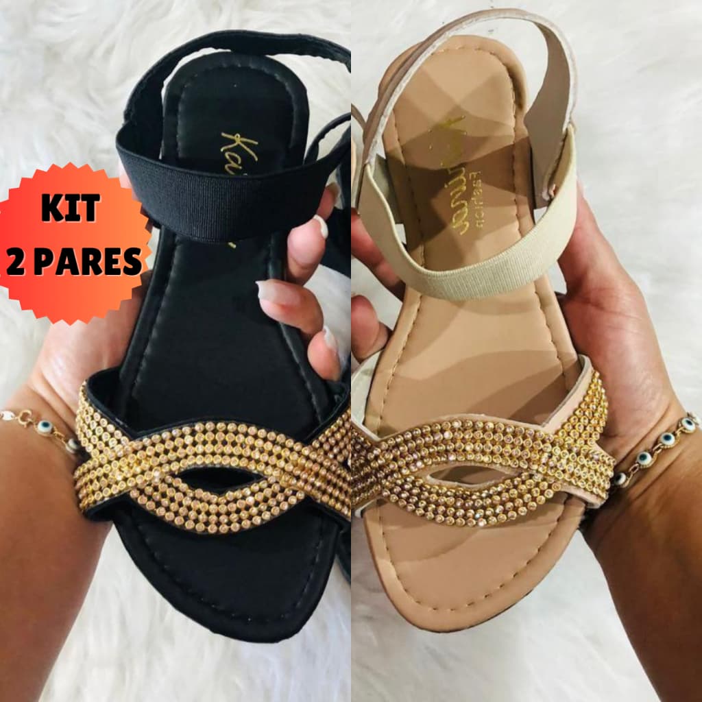 Sandália Feminina Rasteirinha Rasteira Feminina Kit 2 Pares Confortável Calce Fácil Brilho Elástico Calcanhar