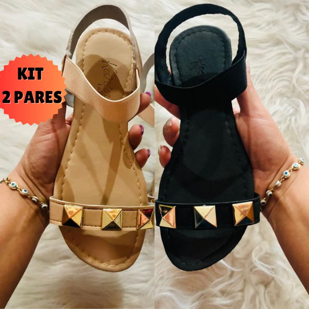 Sandália Feminina Rasteirinha Rasteira Feminina Kit 2 Pares Confortável Calce Fácil Dia a Dia Tiras Calcanhar Elástico
