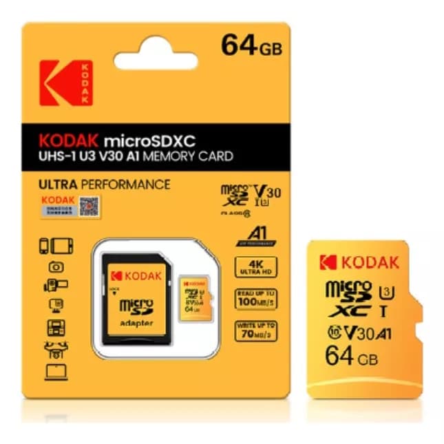 Cartão de Memória Kodak Micro SD Classe 10, U3, A1, 64GB - Alta Velocidade e Original