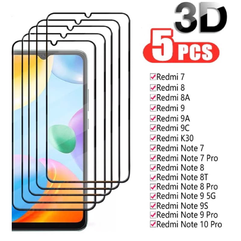 Kit 5 Película De Vidro  3D Para Xiaomi Redmi 8 Redmi 9 Redmi 9A Redmi 9C Redmi Note 8 Redmi Note 8 Pro Redmi Note 9 10