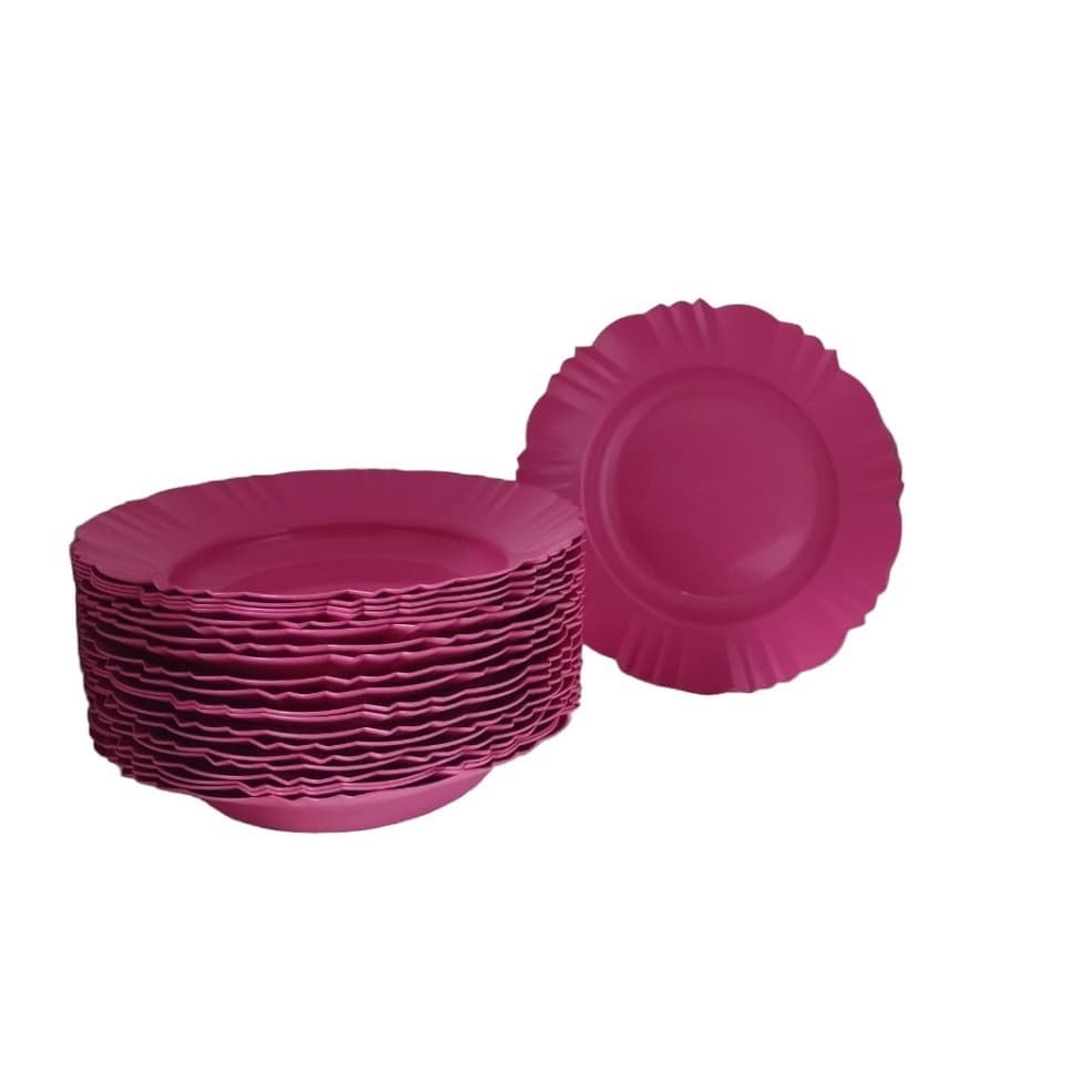 5 Un Pratos Plástico Redondos Fundos C/ Bordas P/ Refeição - Rosa Pink