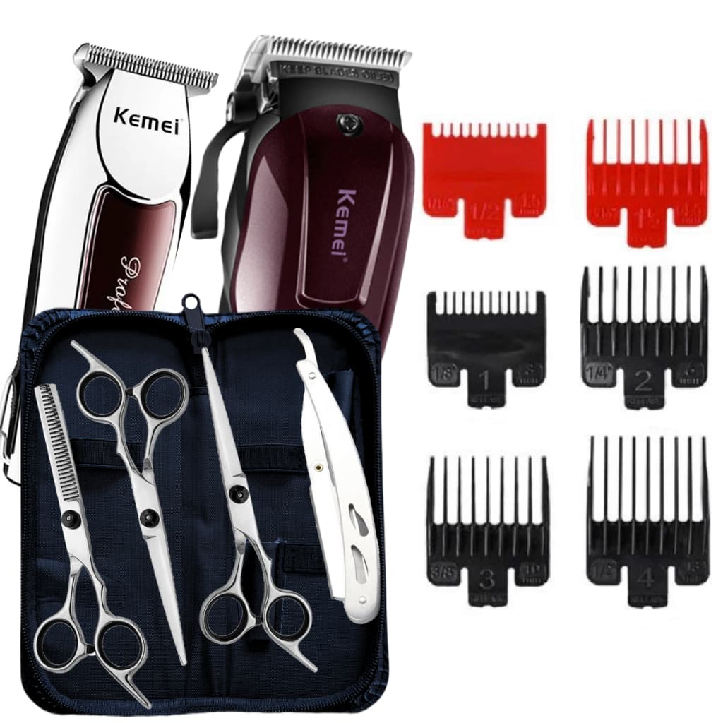 Kit 3 Tesouras Profissionais Barbeiro Máquinas Corte e Acabamento Kemei KM2600 e KM9163 Maquina Cortar Cabelo e Maquina de Pezinho com Tesoura Fio Laser Fio Navalha e Desfiadeira + Navalhete