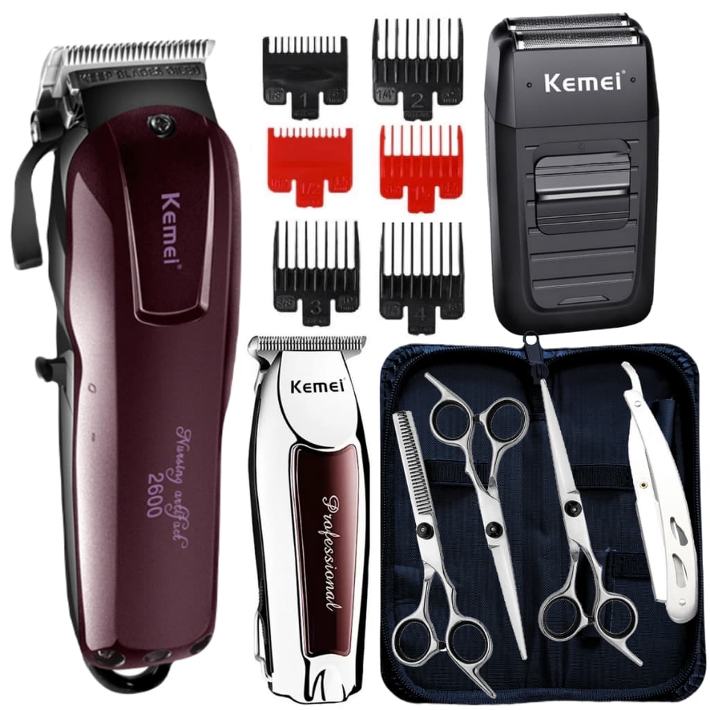 Kit Maquina Corte Cabelo Profissional + Acabamento + Shaver + Kit Tesoura Barbeiro Profissional Tesouras Fio Laser Fio Navalha e Desbaste com Navalhete