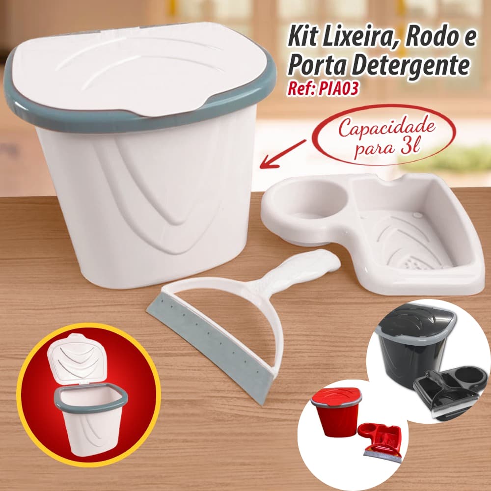 Kit Pia com 3 Peças de Plástico Rodinho Porta Detergente Lixeira Cozinha