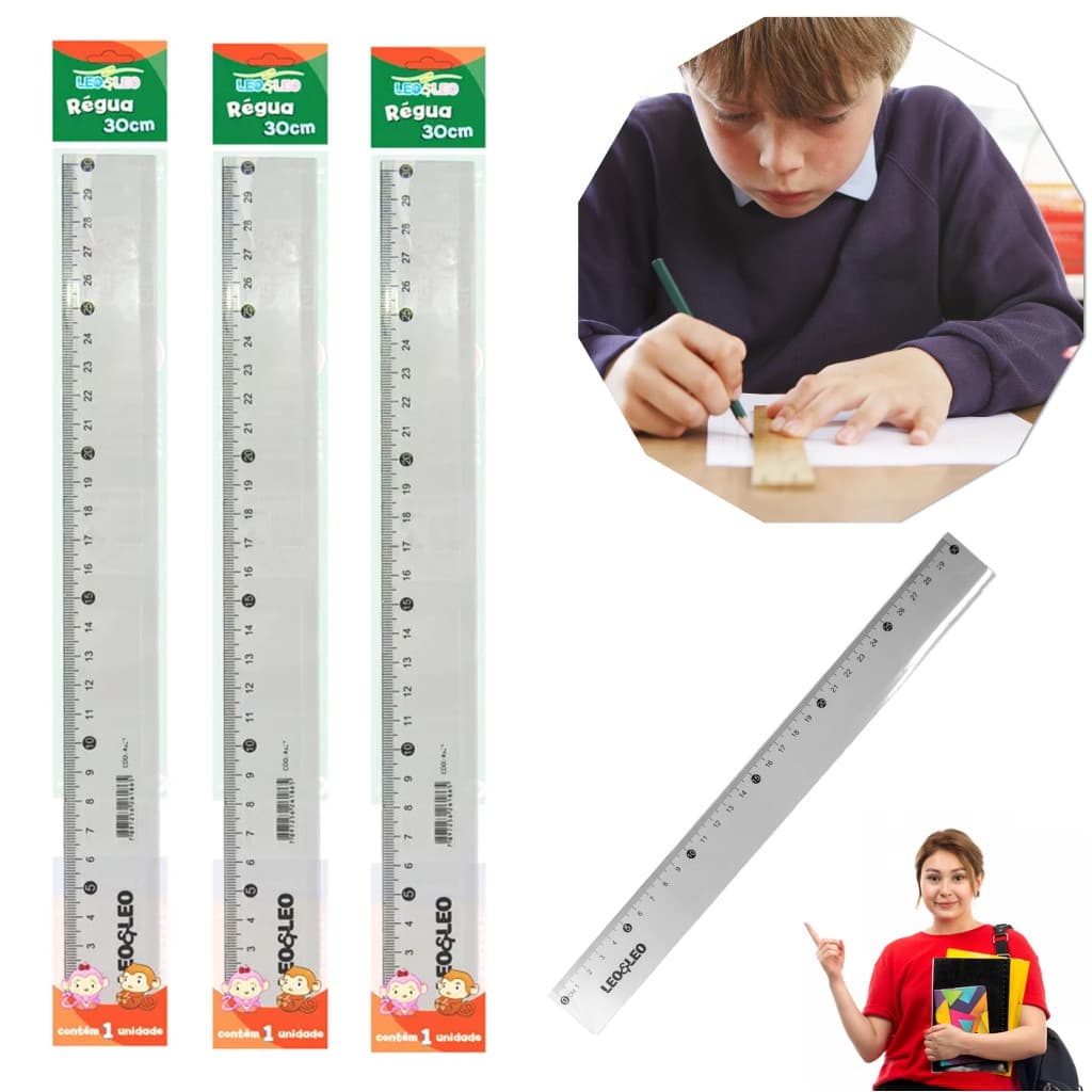 Régua Plástica 30cm Transparente Escolar Kit 3 Unidades