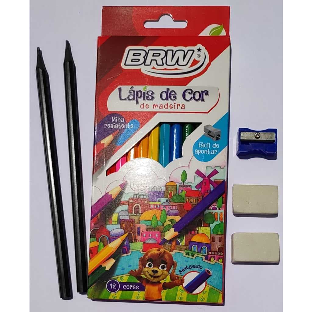 Kit Lapis de Cor 12 Cores + 2 Lapis + Apontador + 2 Borracha