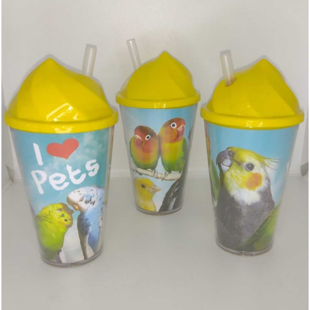 Copo Duplo Acrílico com Tampa e Canudo I Love Pets Passaros