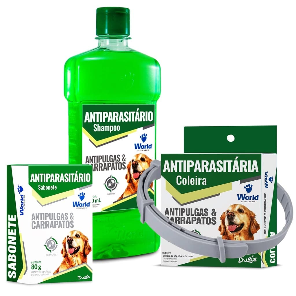 Kit Anti Pulgas e Carrapatos Shampoo Coleira Sabonete cães World Dug's