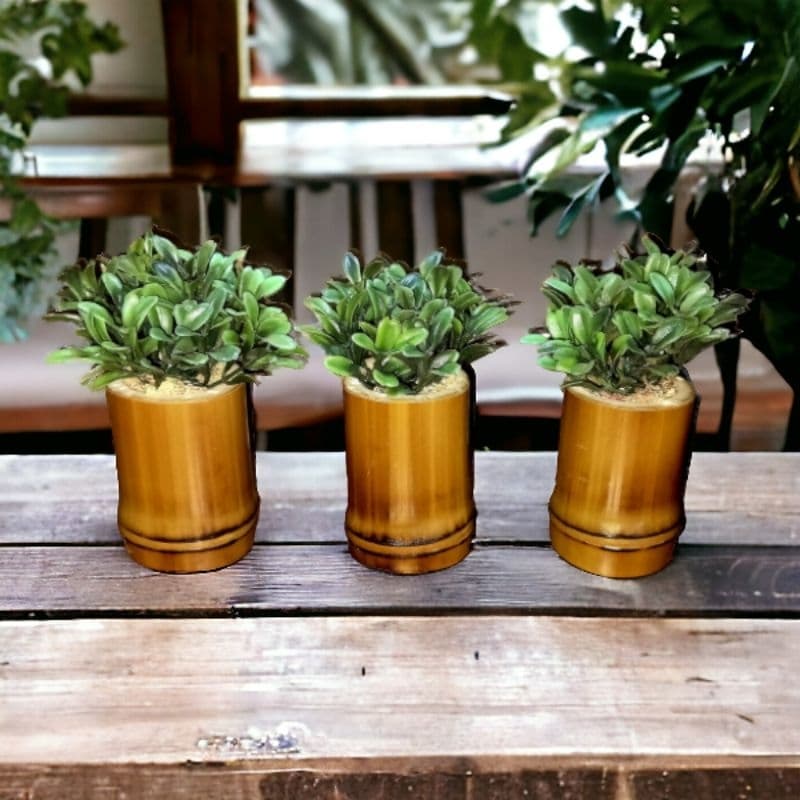 Kit 3 Mini Vasos Plantas Artificiais, Vasinhos De Bambu, vasinhos com folhagem, vasinho de bambu, vasinho com buxinho, vasinho com planta artificial, mini vaso